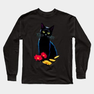 Black Cat with Red and Yellow Daisy Cat Lover Cat Owner Long Sleeve T-Shirt